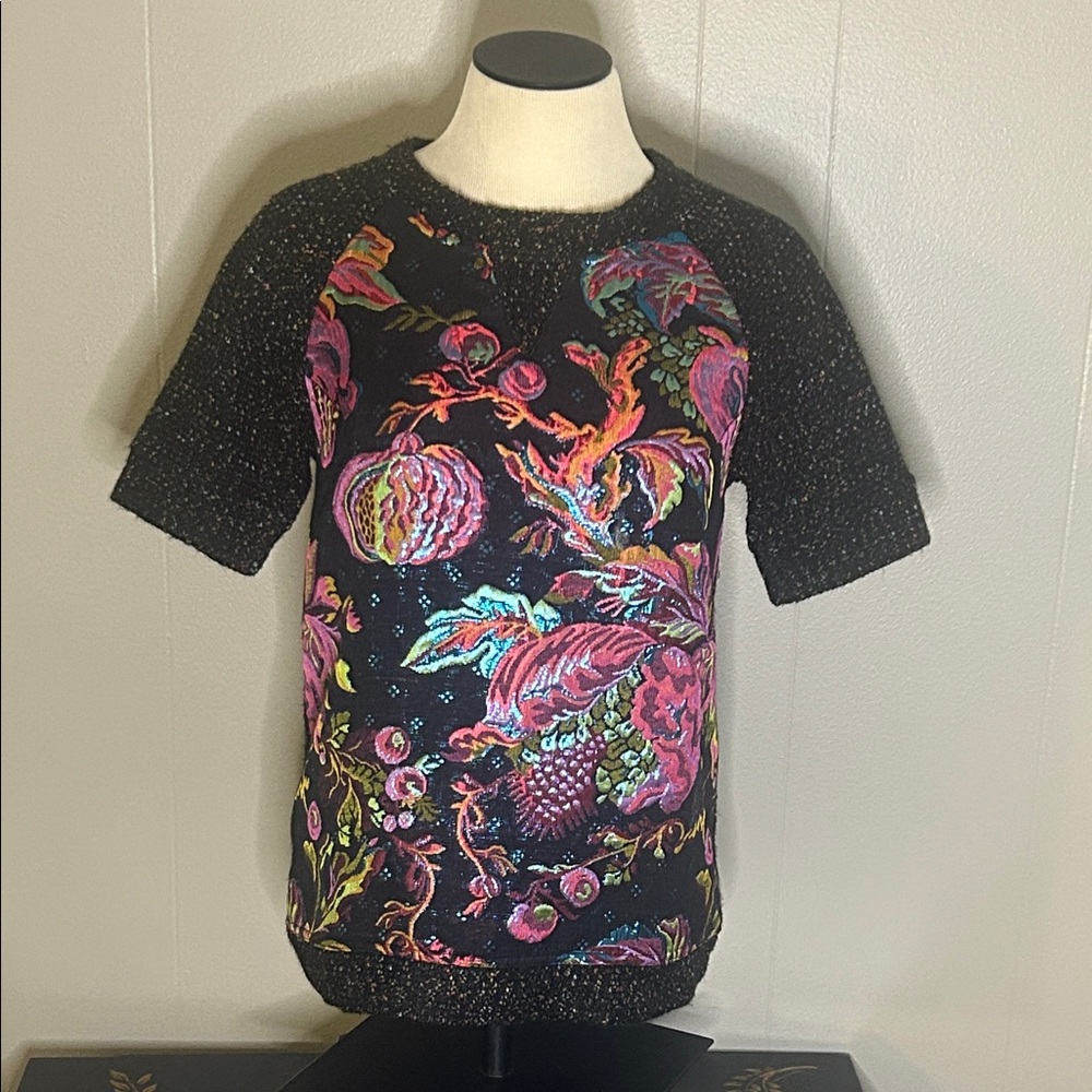 Anthropologie James Coviello Vivid Metallic Brocade Floral Black Knit Top